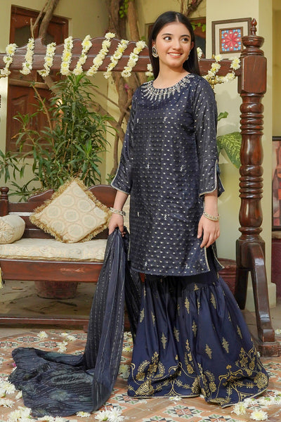 Cotton Jacquard Hand Adda Navy Blue 3 Piece Stitched Suit - Ochre