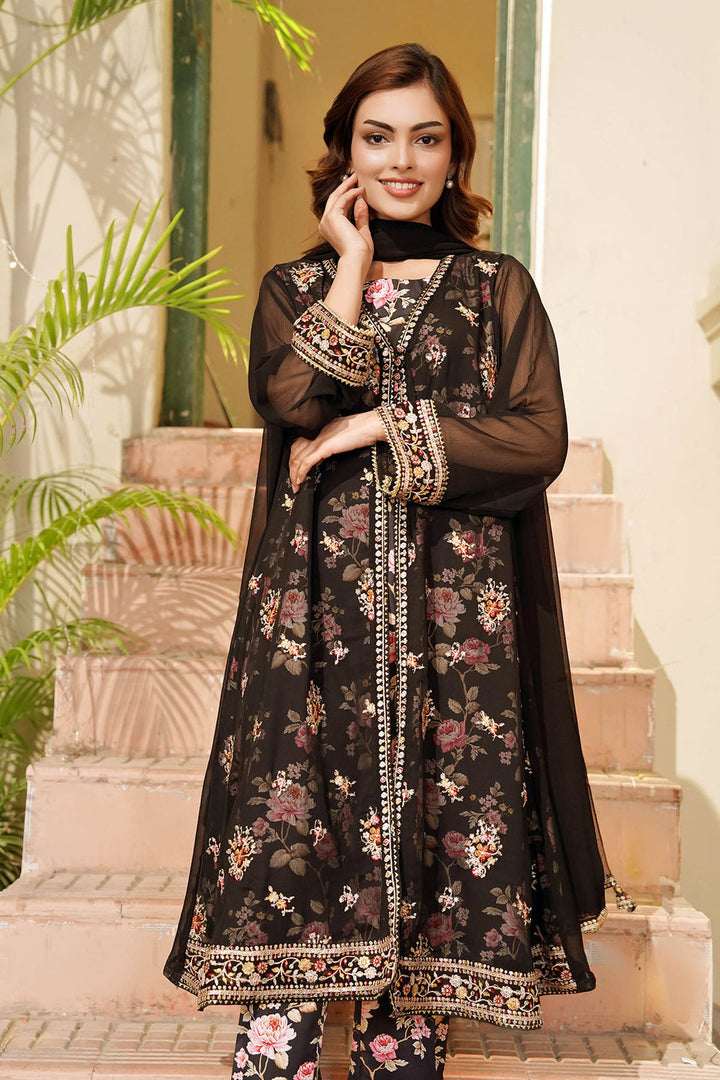 Chiffon Embroidered Black Stitched Suit - Ochre