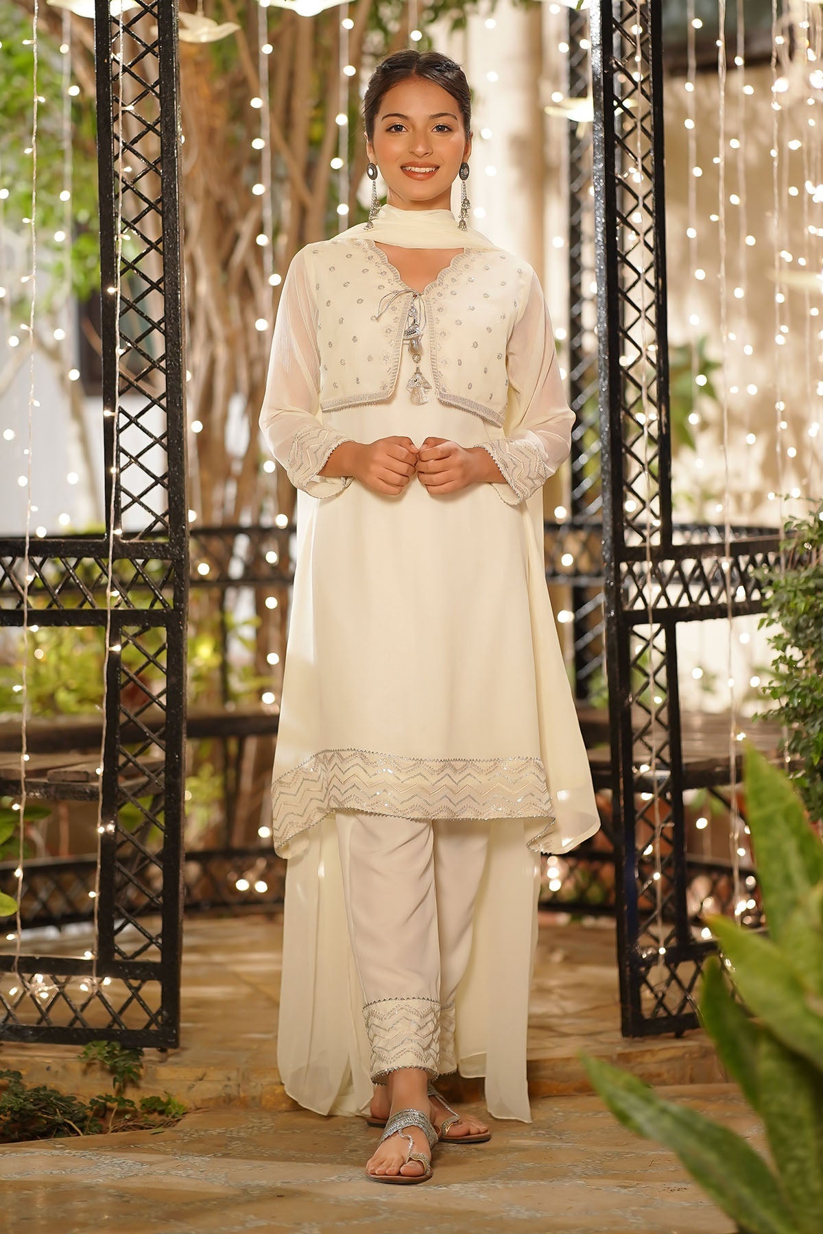 Chiffon Embroidered Off White Stitched Suit - Ochre