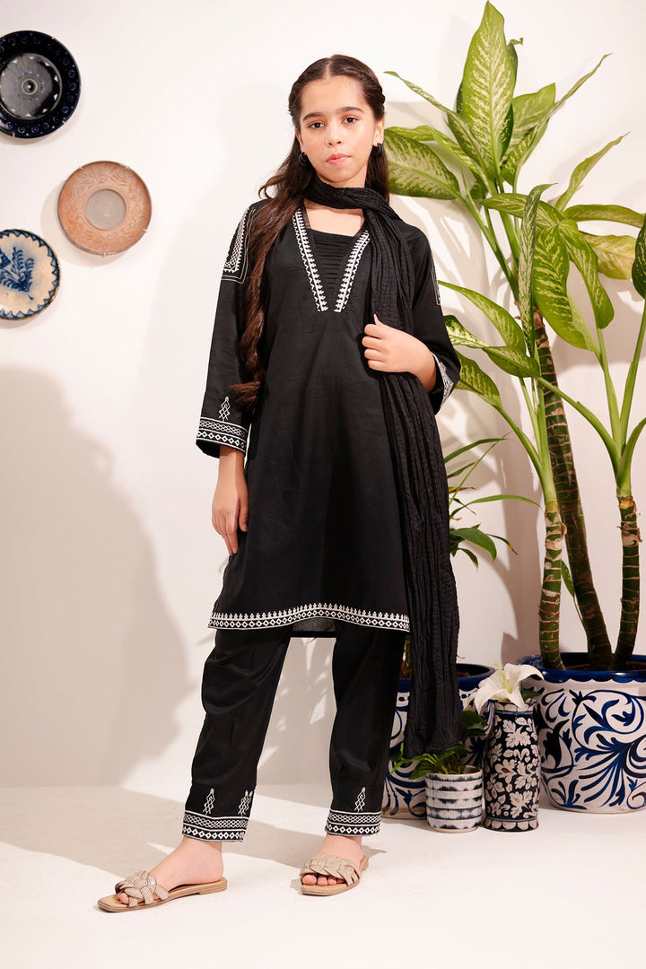 Cotton Embroidered Black Stitched Suit - Ochre