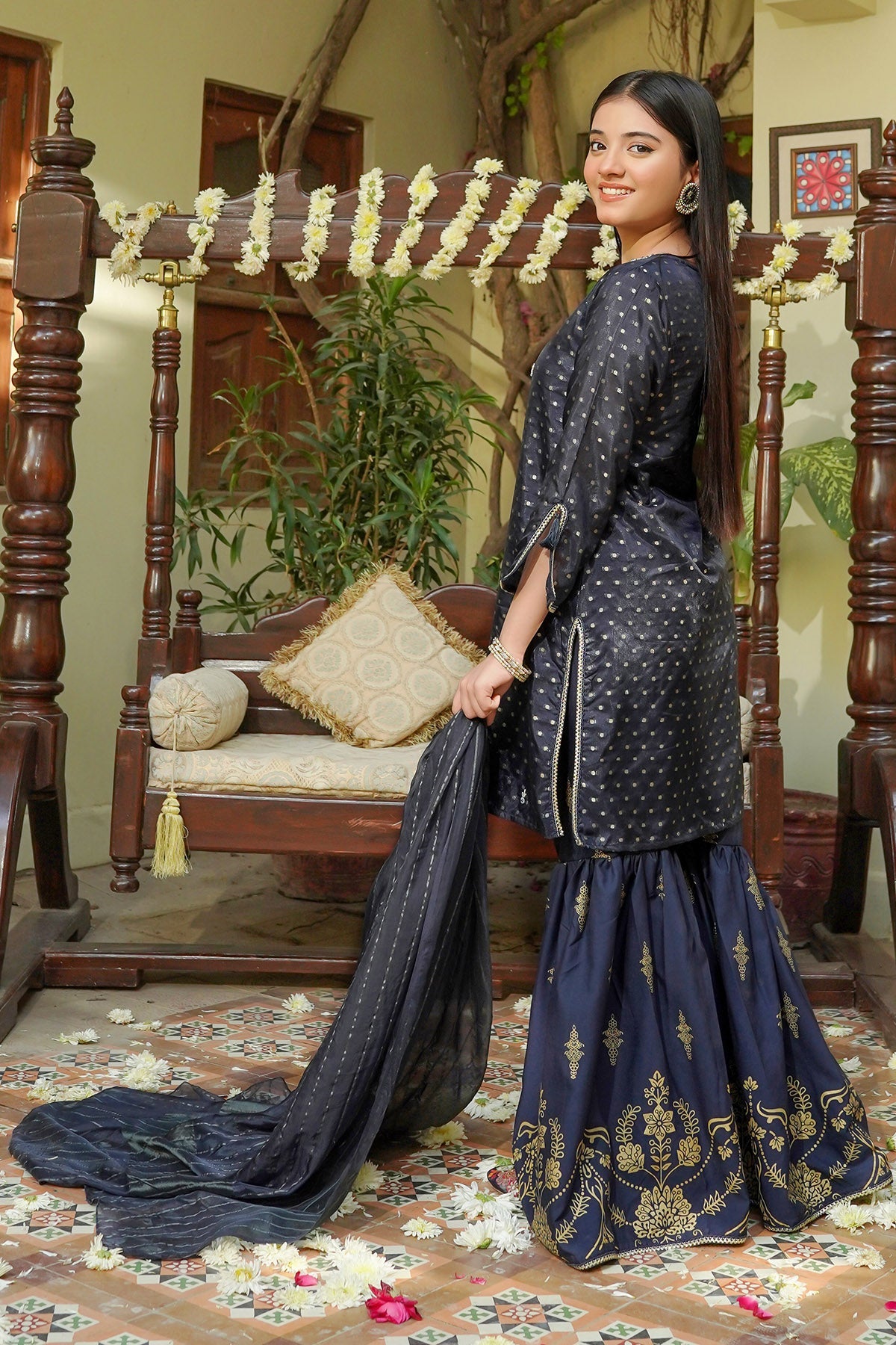 Cotton Jacquard Hand Adda Navy Blue 3 Piece Stitched Suit - Ochre