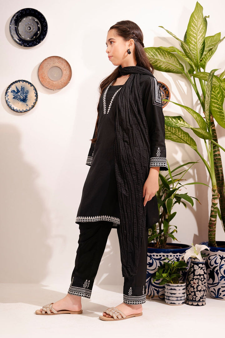 Cotton Embroidered Black Stitched Suit - Ochre