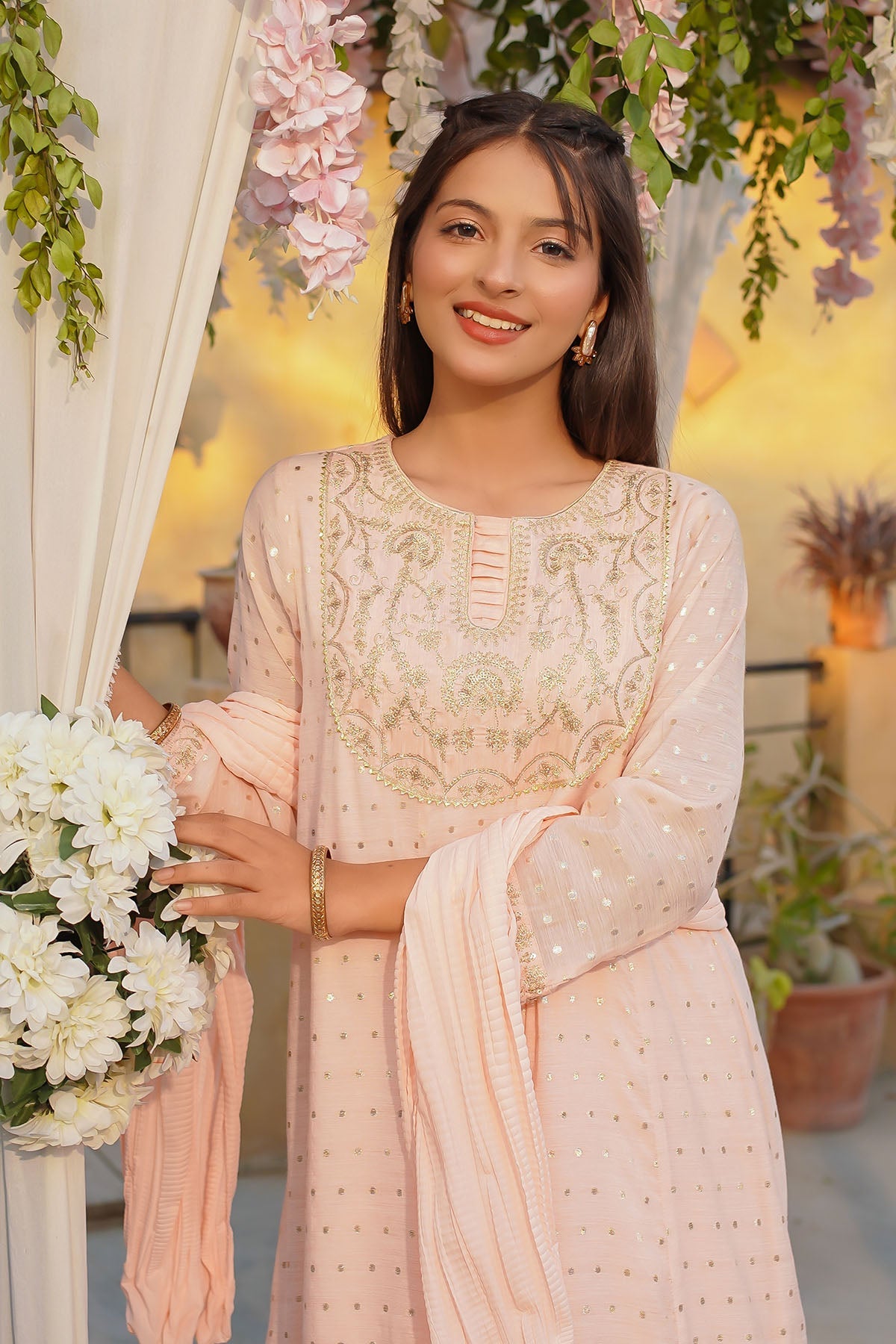 Slub Manar Embroidered Pink Stitched Suit - Ochre