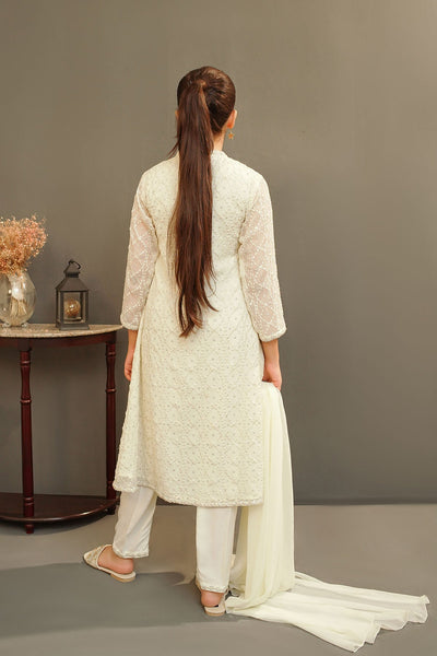 Chiffon Embroidered Off White Stitched Suit - Ochre