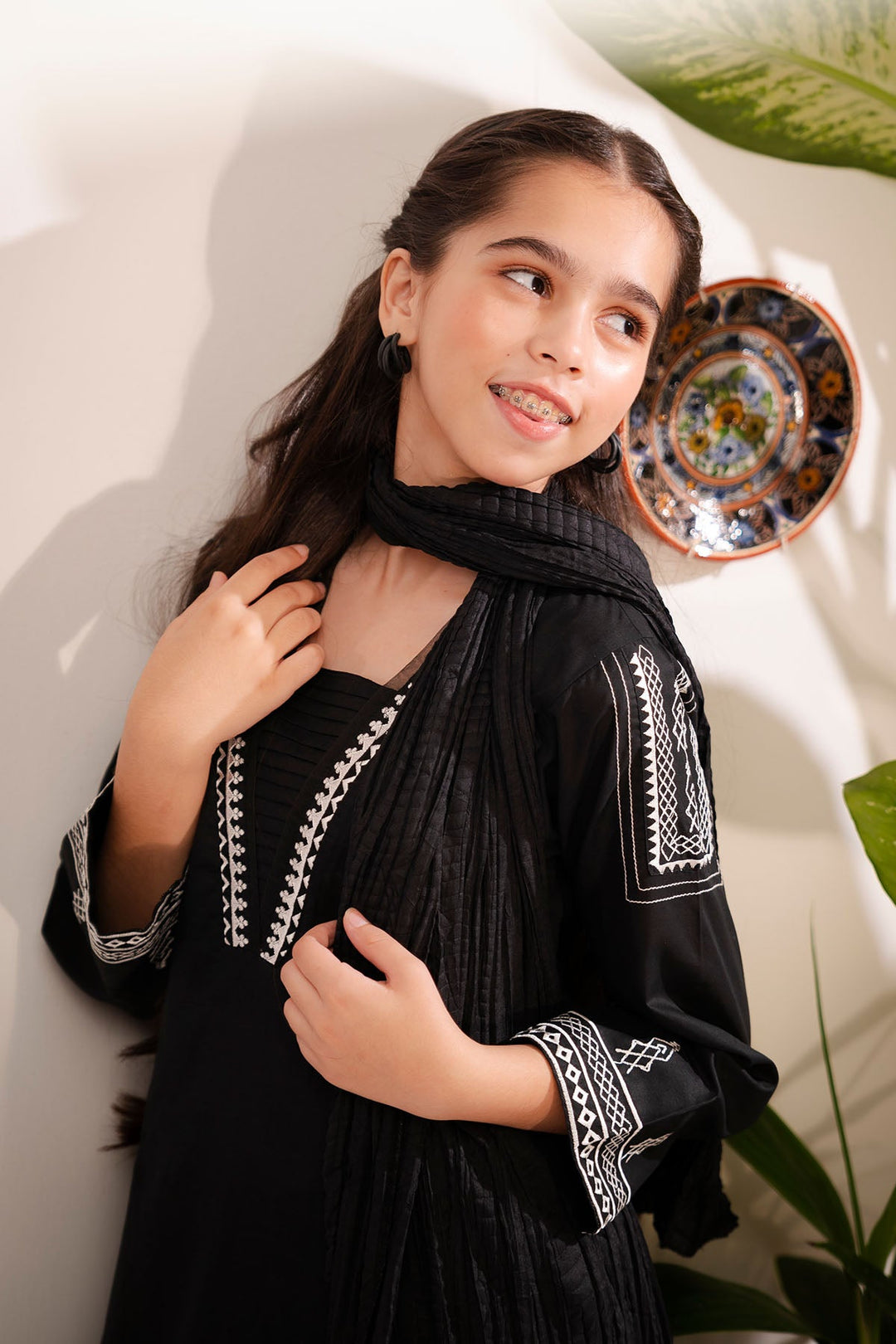 Cotton Embroidered Black Stitched Suit - Ochre