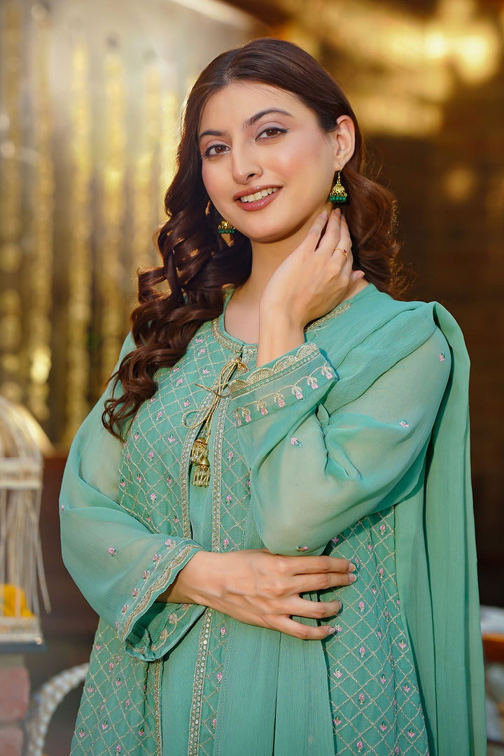 Chiffon Embroidered Pista Green Stitched Suit - Ochre