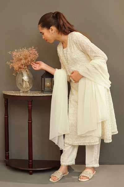 Chiffon Embroidered Off White Stitched Suit - Ochre