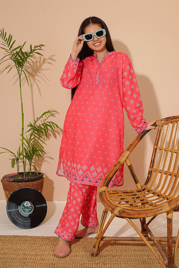 Swiss Lawn Digital Printed Coral Pink Stitched Suit - Ochre