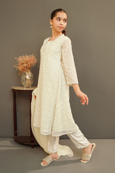 Chiffon Embroidered Off White Stitched Suit - Ochre