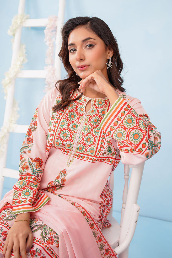 Poly Lawn Digital Printed Pink Stitched Suit - Ochre