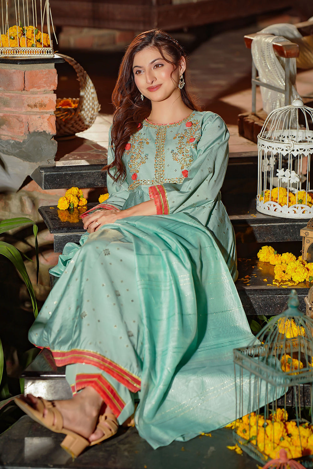 Chiffon Embroidered Mint Stitched Suit - Ochre