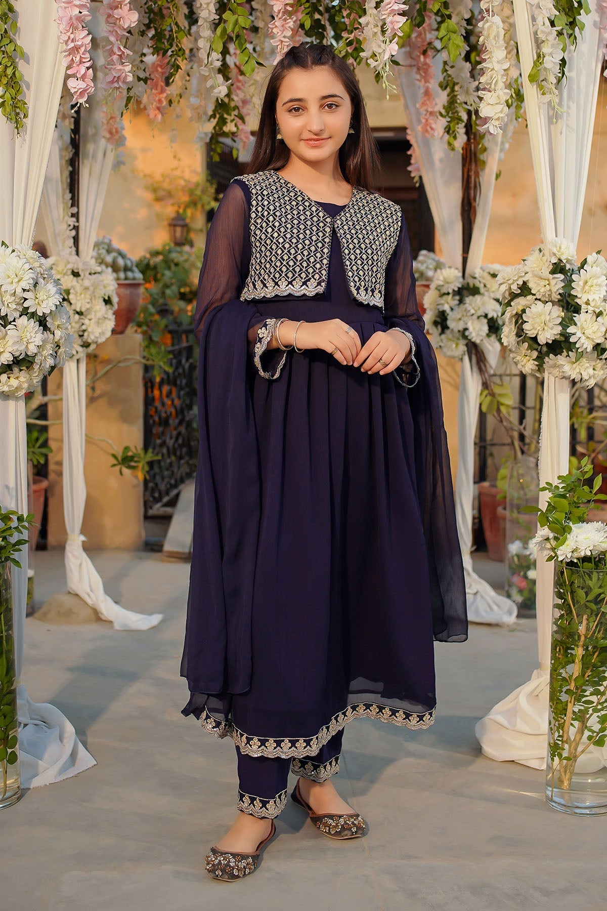 Chiffon Embroidered Navy Blue Stitched Suit - Ochre