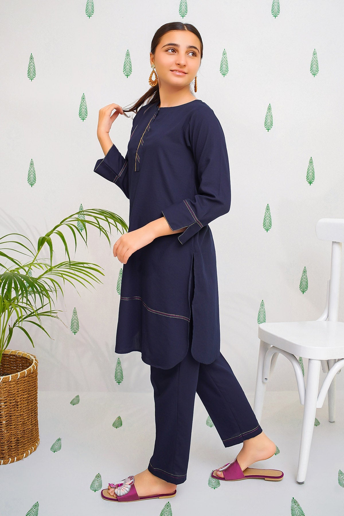 Cotton Embellished Navy Blue Stitched Suit - Ochre