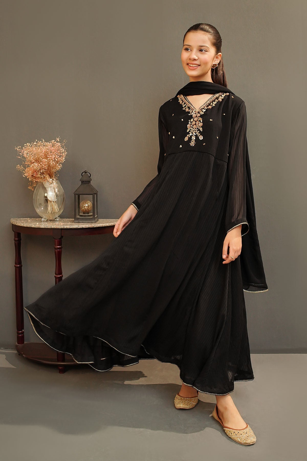 Chiffon Hand Adda Work Black Stitched Suit - Ochre