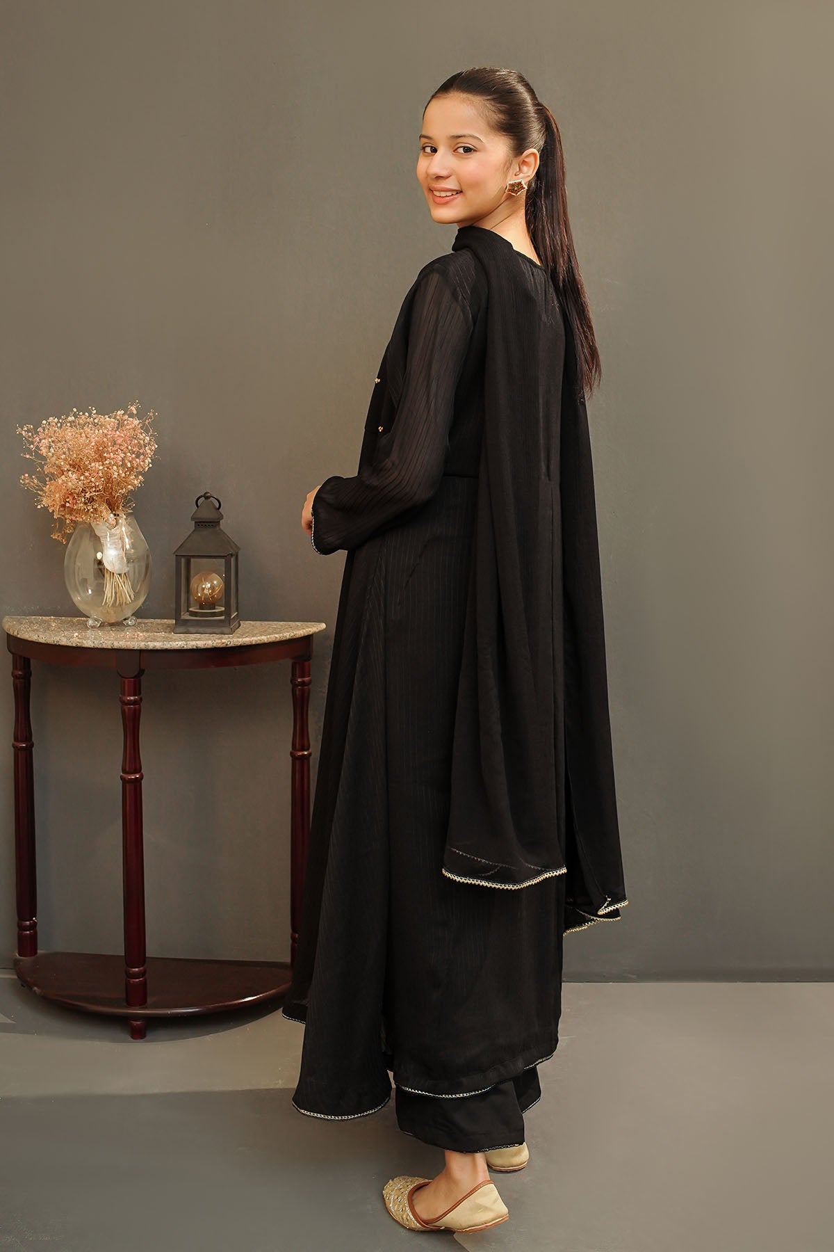 Chiffon Hand Adda Work Black Stitched Suit - Ochre