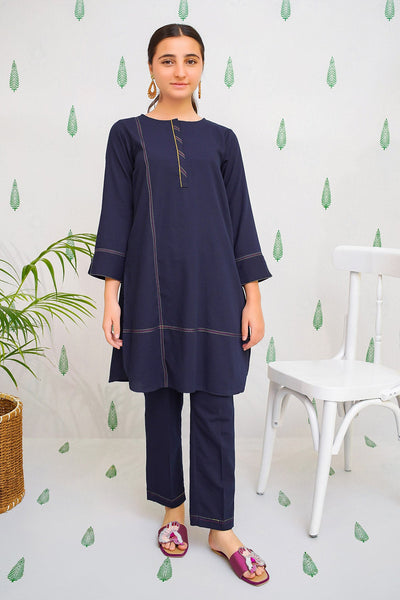 Cotton Embellished Navy Blue Stitched Suit - Ochre