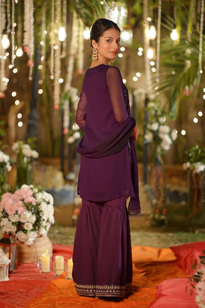 Chiffon Embroidered Purple Stitched Suit - Ochre