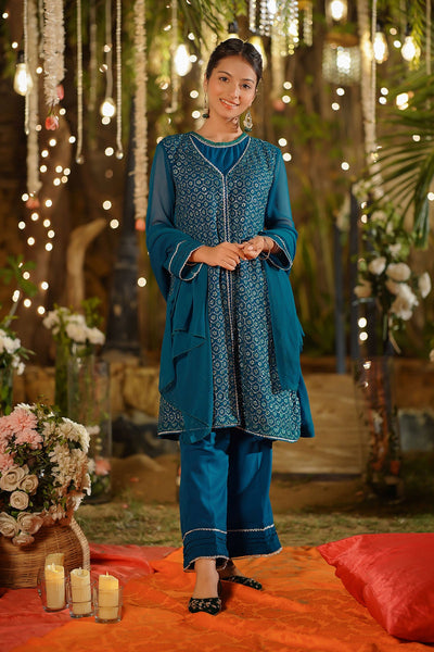 Chiffon Embroidered Blue Stitched Suit - Ochre