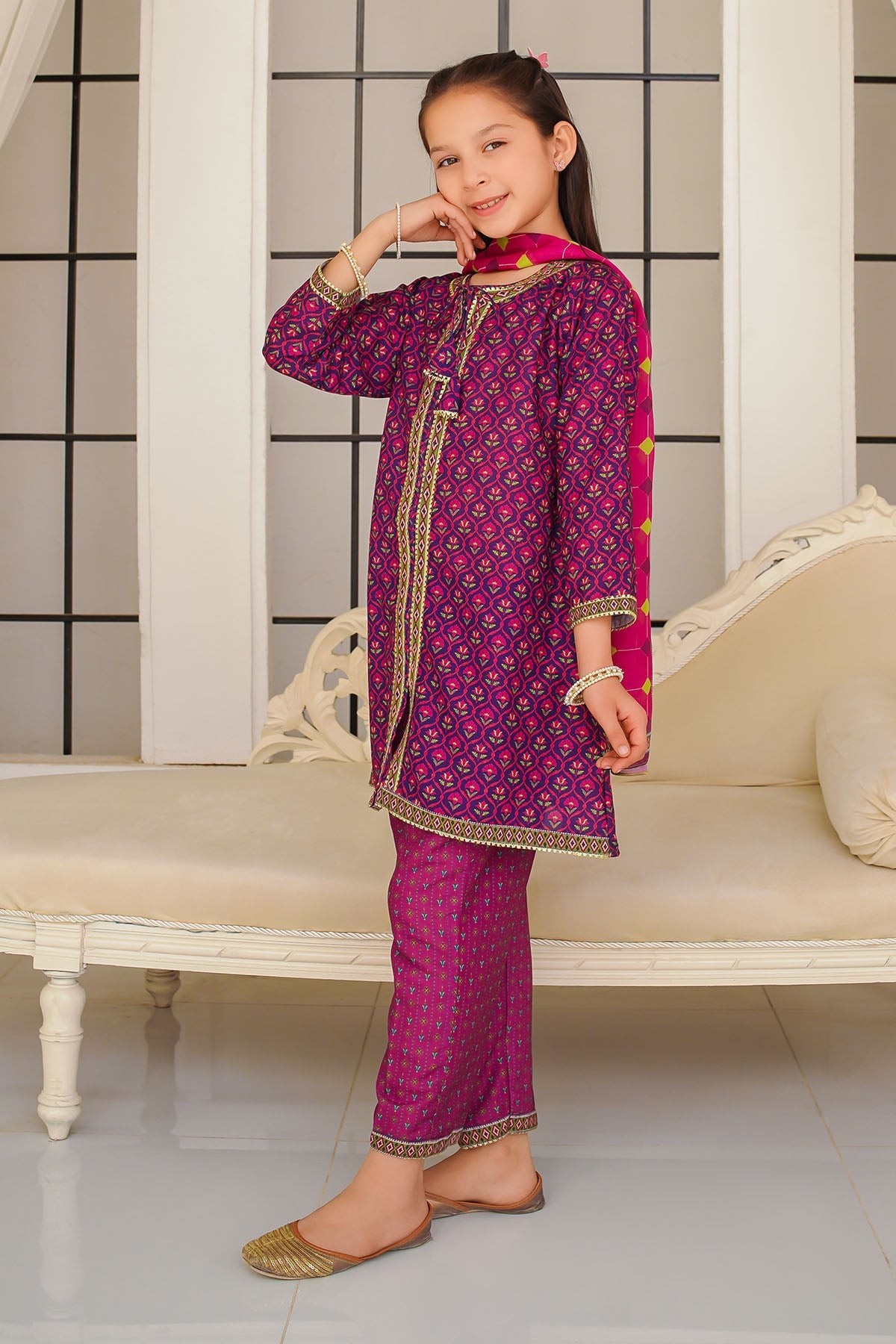 Swiss Lawn Digital Printed Purple Stitched Suit - Ochre