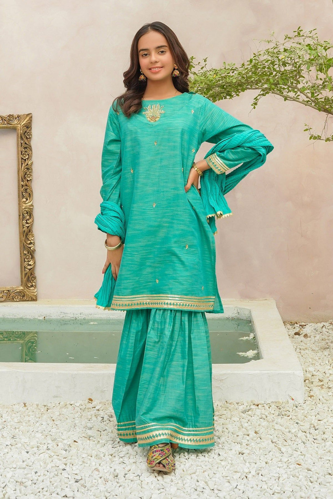 Multi Yarn Cotton Hand Adda Green 3 Piece Stitched Suit - Ochre