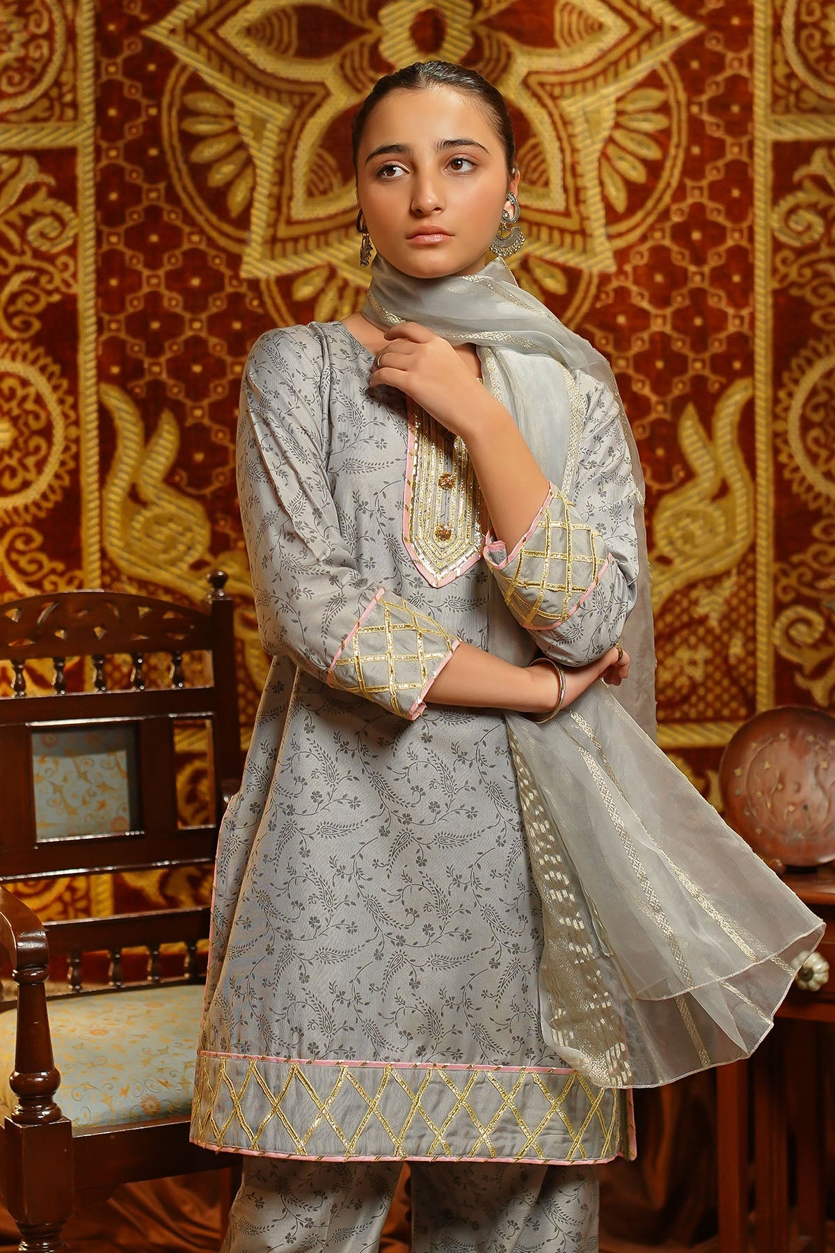 Cotton Silk Embellished Grey Stitched Suit - Ochre