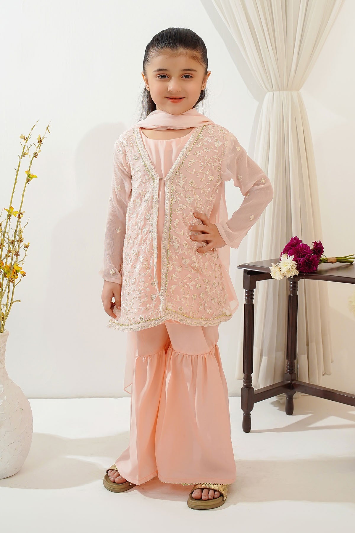 Chiffon Embroidered Peach Stitched Suit - Ochre