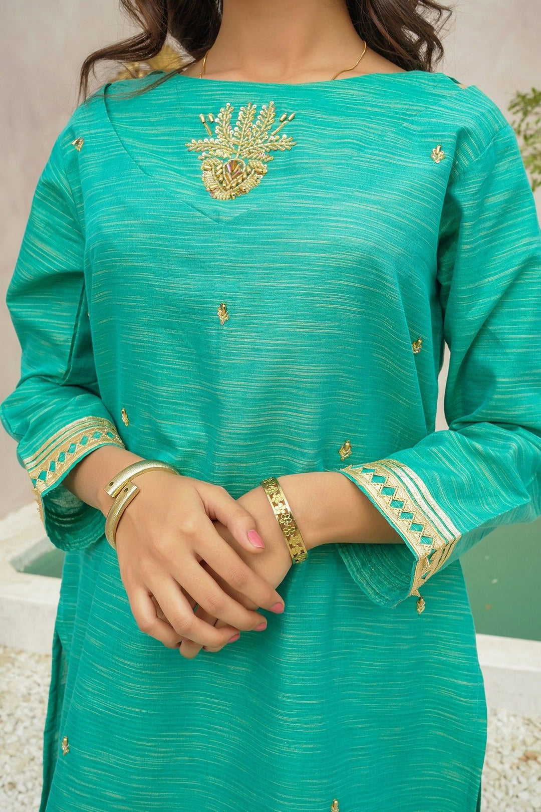 Multi Yarn Cotton Hand Adda Green 3 Piece Stitched Suit - Ochre