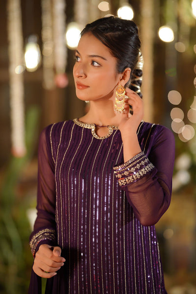 Chiffon Embroidered Purple Stitched Suit - Ochre