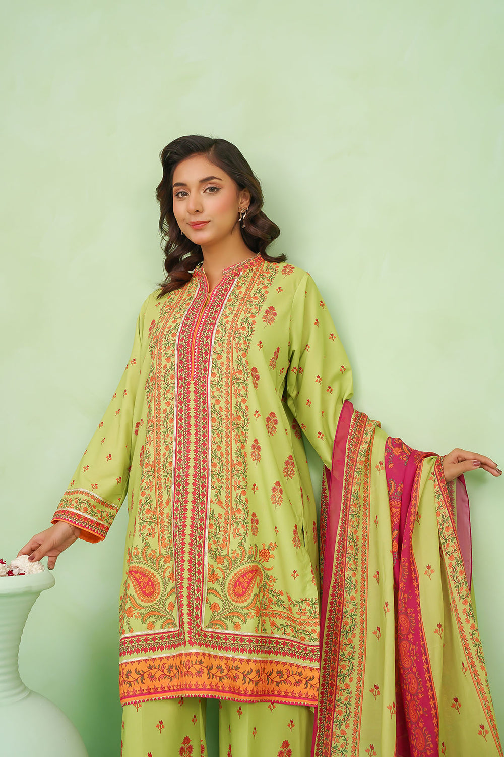 Poly Lawn Digital Printed Lime Green Stitched Suit - Ochre