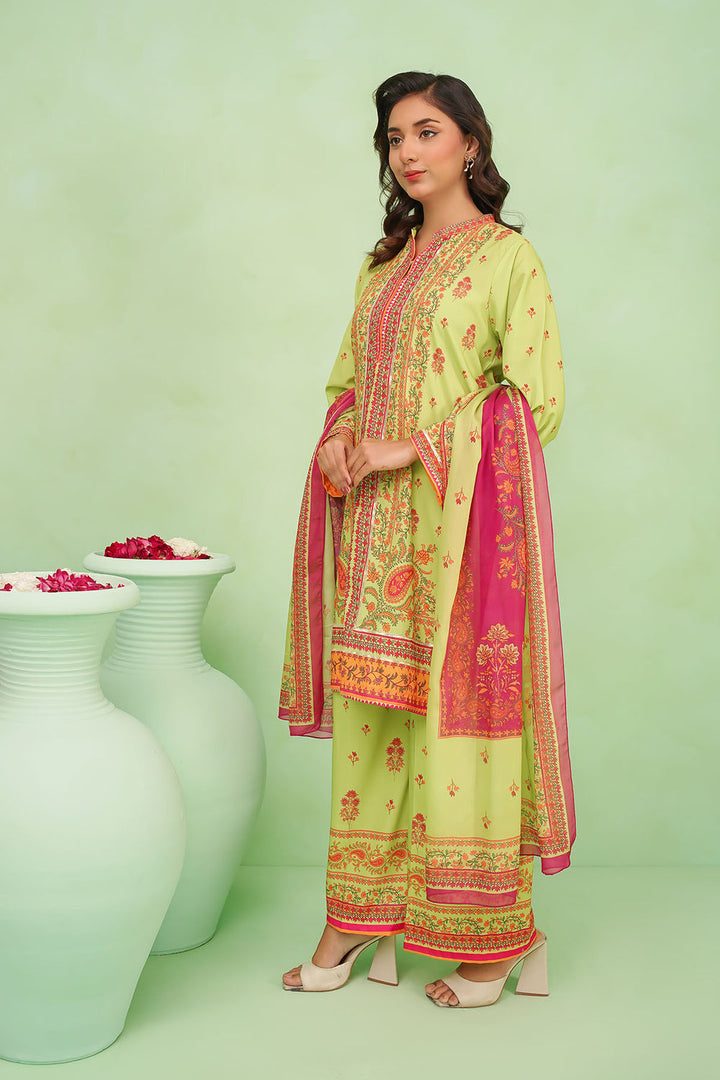 Poly Lawn Digital Printed Lime Green Stitched Suit - Ochre