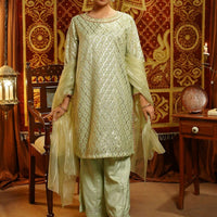 Viscose Jacquard Hand Adda Work Light Green Stitched Suit - Ochre