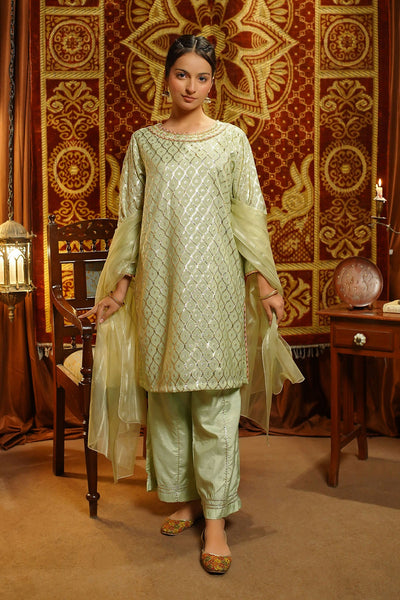 Viscose Jacquard Hand Adda Work Light Green Stitched Suit - Ochre