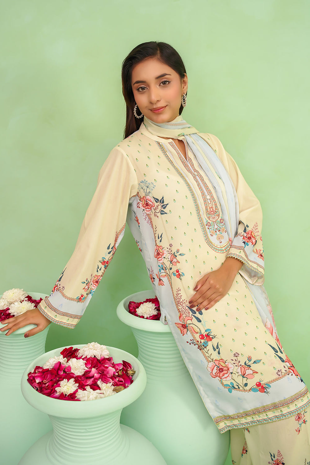 Poly Lawn Digital Printed Lemon Stitched Suit - Ochre