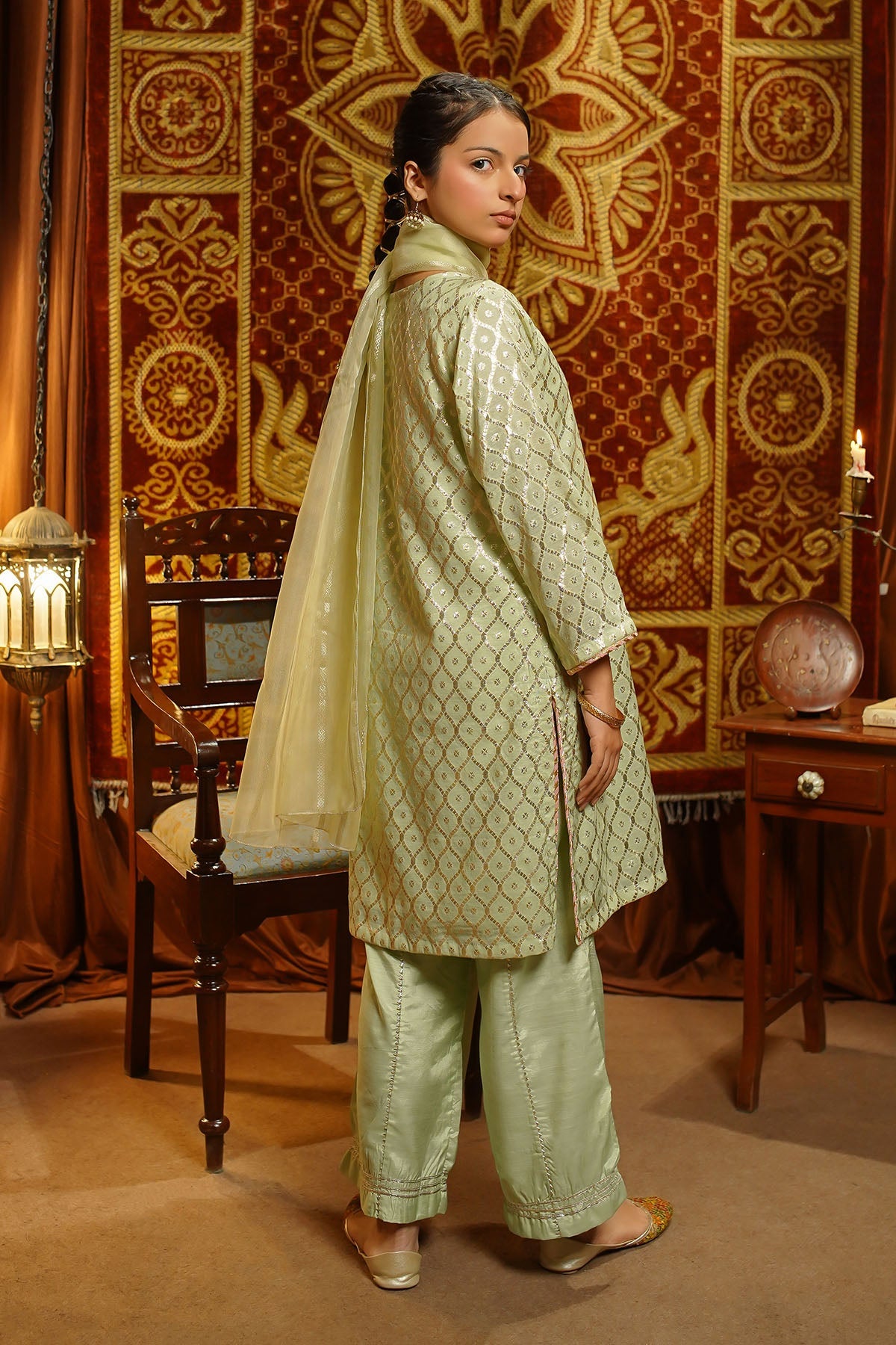 Viscose Jacquard Hand Adda Work Light Green Stitched Suit - Ochre