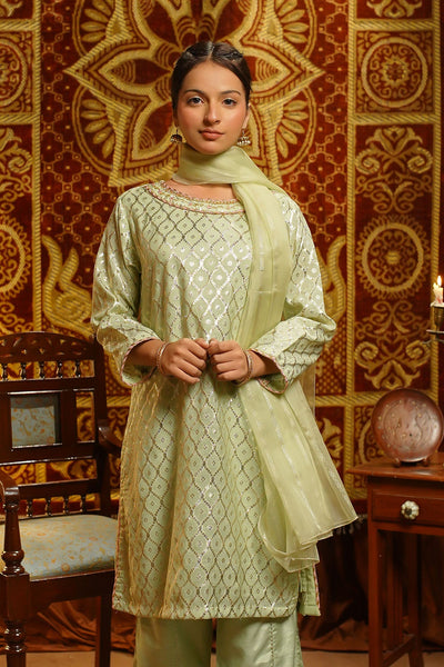 Viscose Jacquard Hand Adda Work Light Green Stitched Suit - Ochre