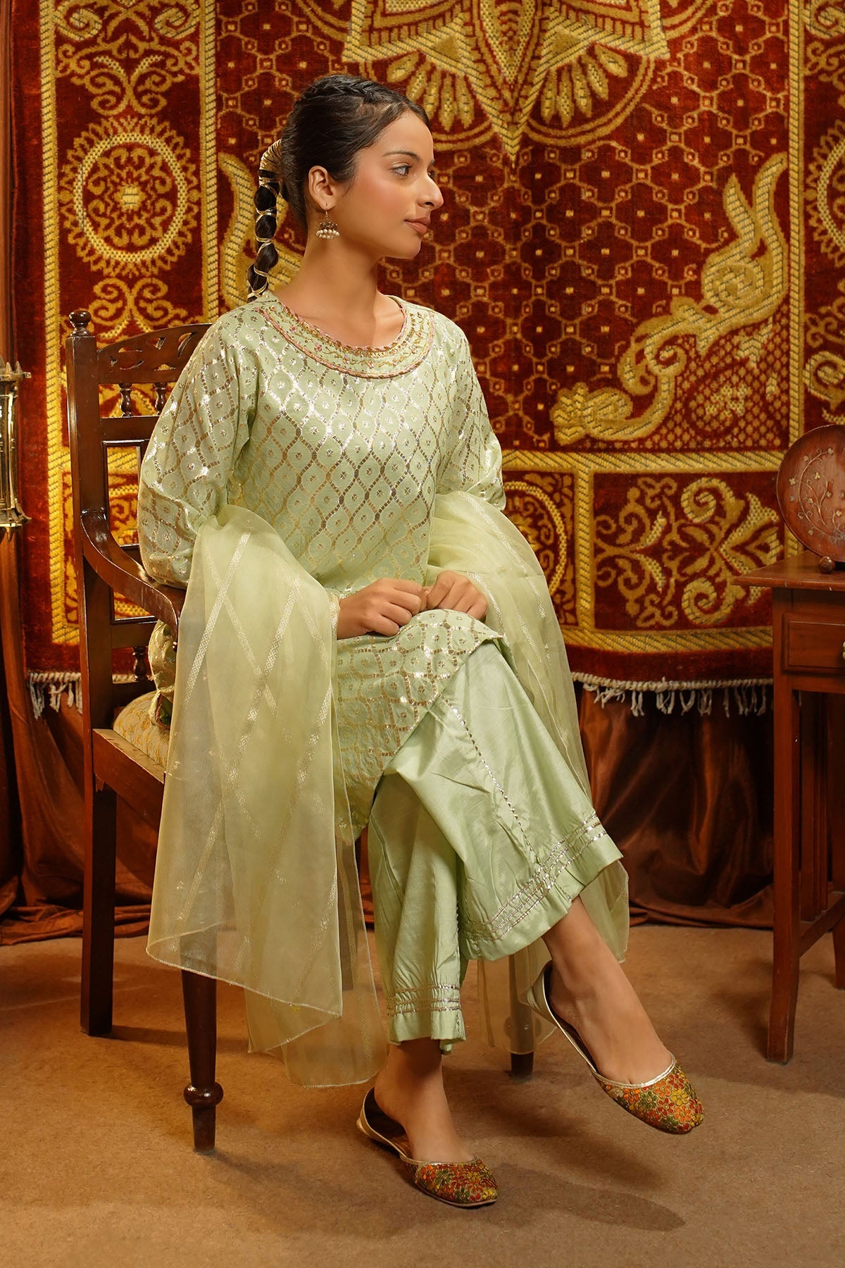 Viscose Jacquard Hand Adda Work Light Green Stitched Suit - Ochre