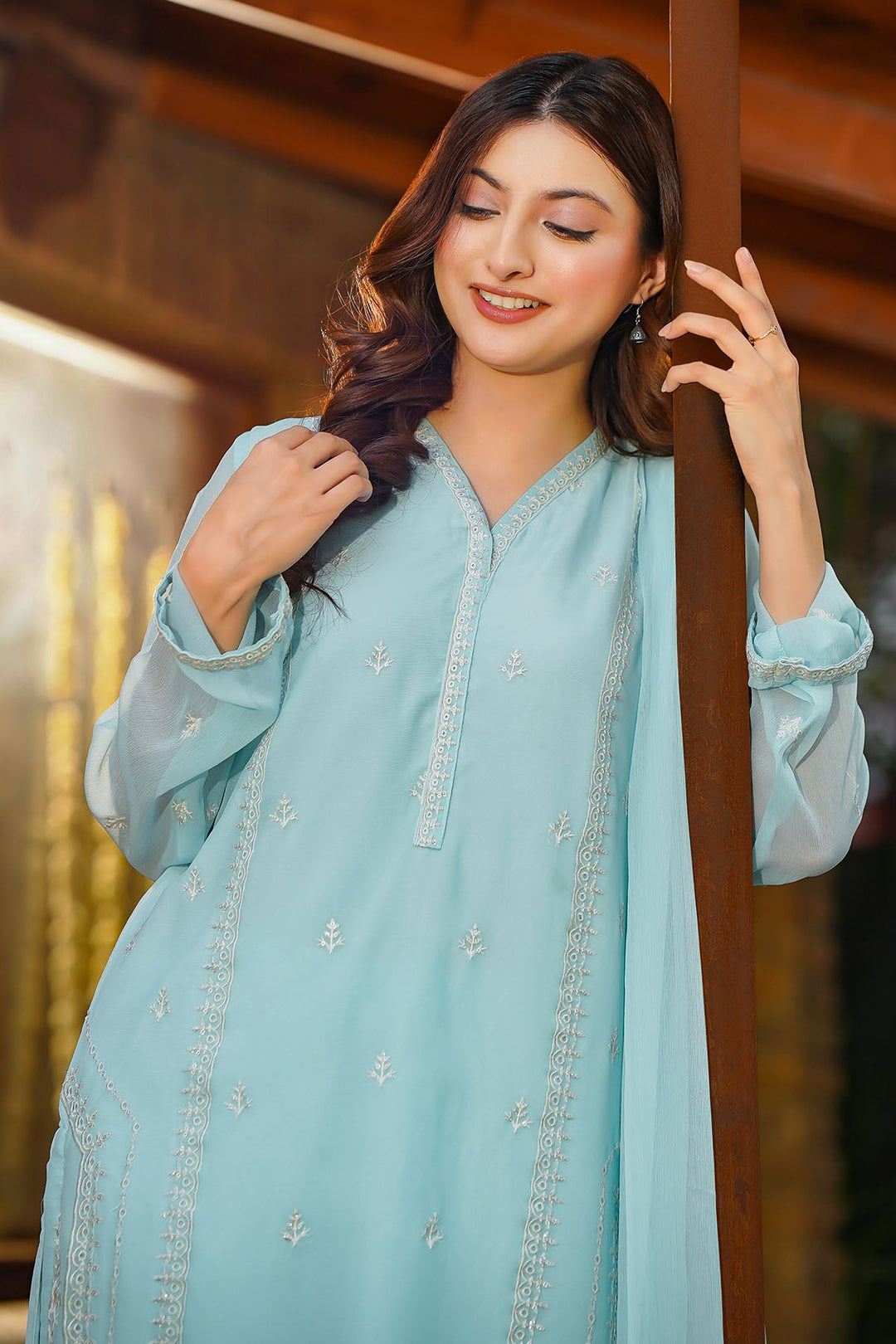 Chiffon Embroidered Blue Stitched Suit - Ochre