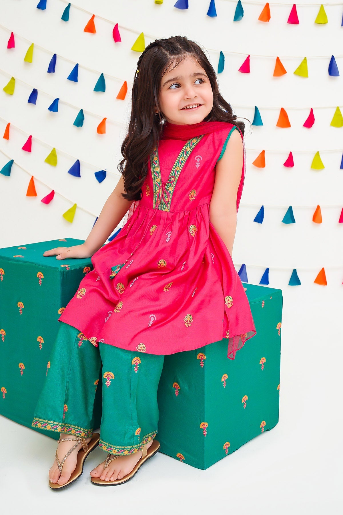 Cotton Silk Printed Green & Pink Stitched Suit - Ochre