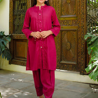 Dobby Cotton Embellished Maroon Stitched Suit - Ochre