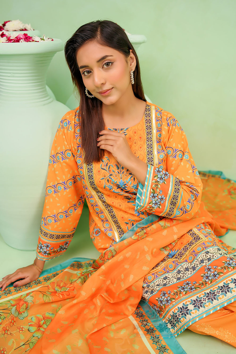 Poly Lawn Digital Printed Mustard Stitched Suit - Ochre