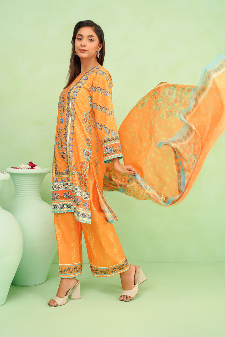 Poly Lawn Digital Printed Mustard Stitched Suit - Ochre