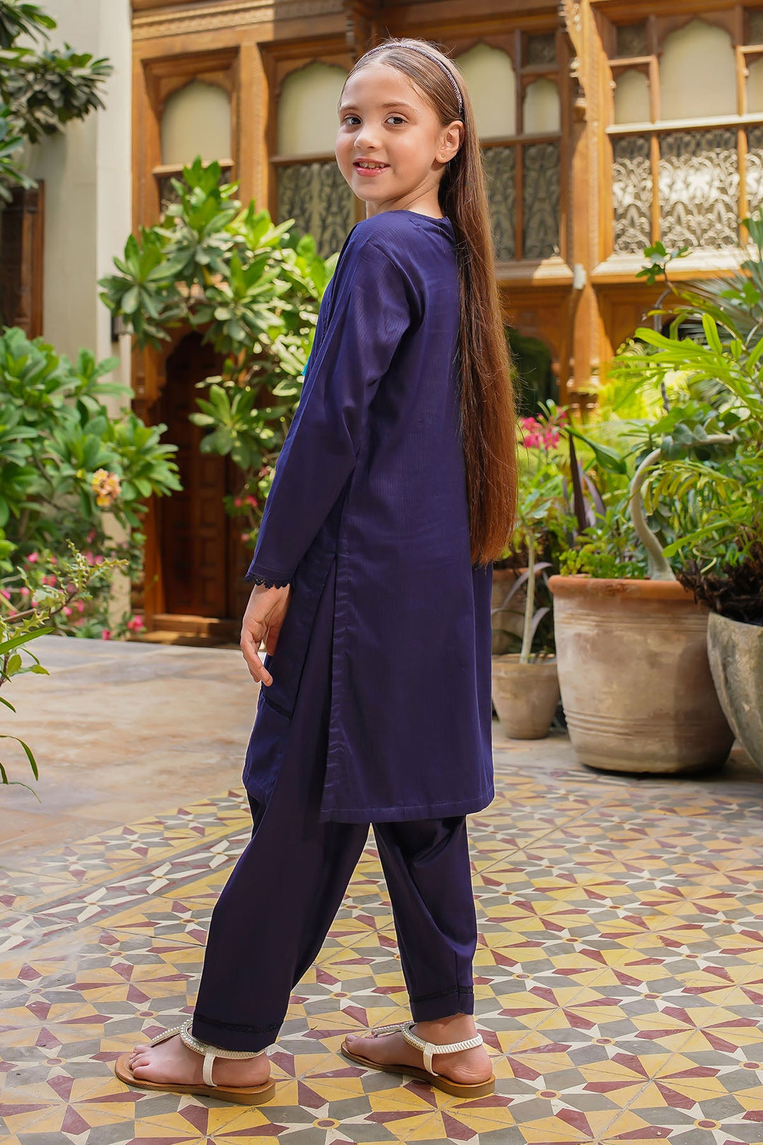 Dobby Cotton Embellished Navy Blue Stitched Suit - Ochre