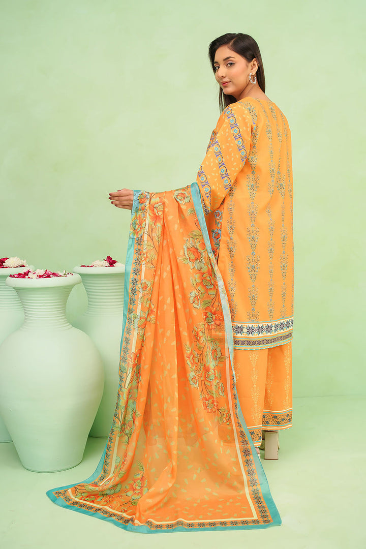 Poly Lawn Digital Printed Mustard Stitched Suit - Ochre