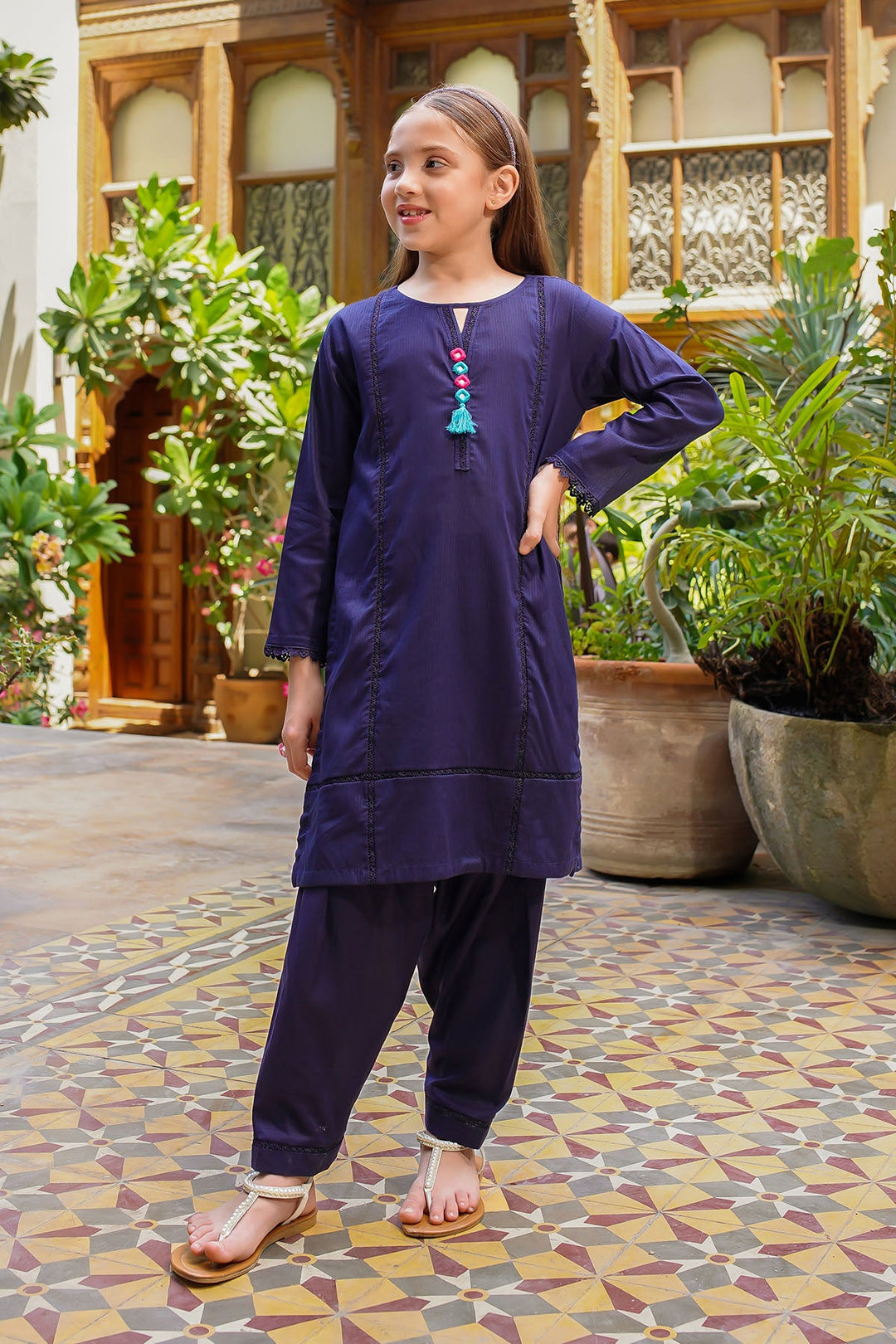 Dobby Cotton Embellished Navy Blue Stitched Suit - Ochre
