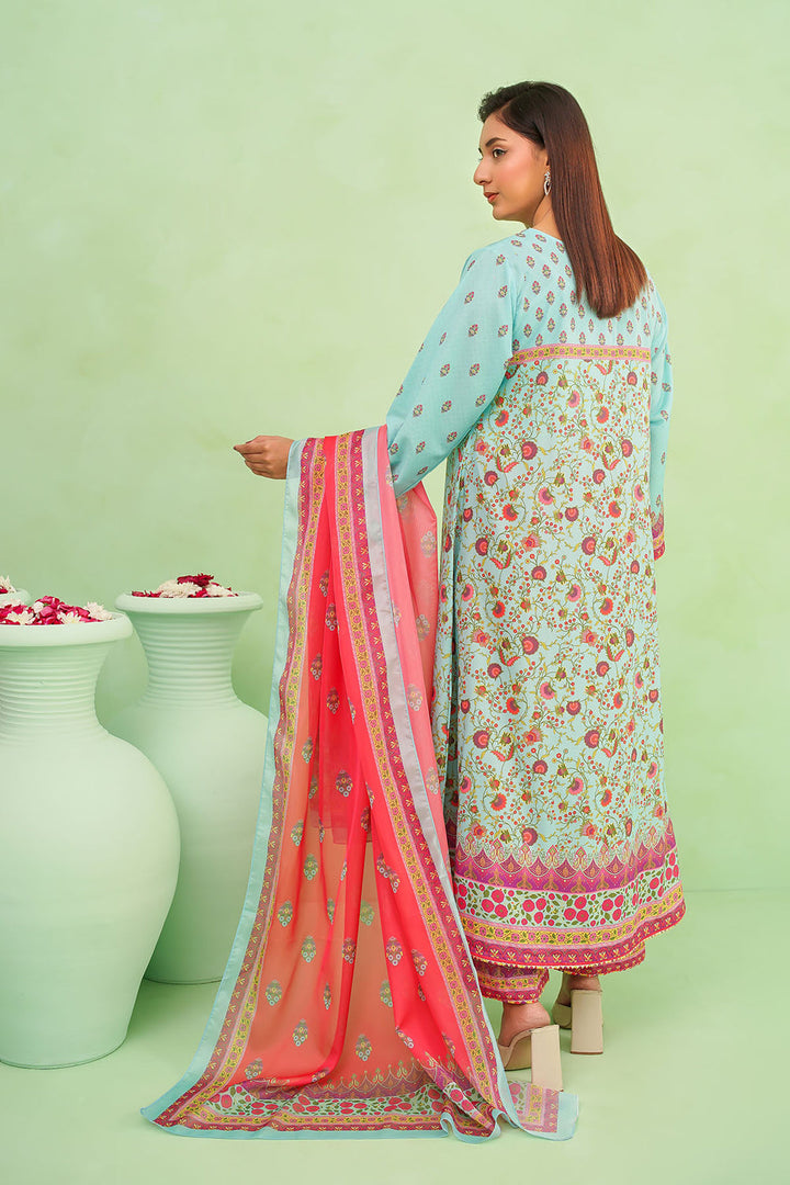 Poly Lawn Digital Printed Blue Stitched Suit - Ochre