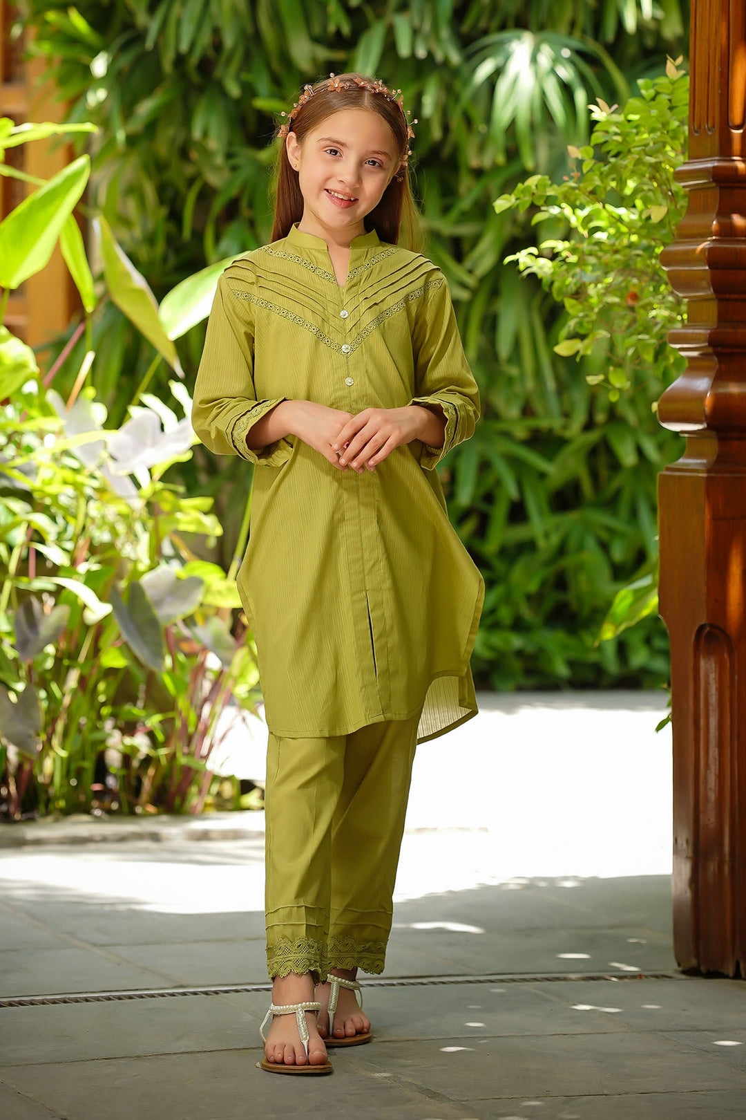 Dobby Cotton Embellished Lime Green Stitched Suit - Ochre