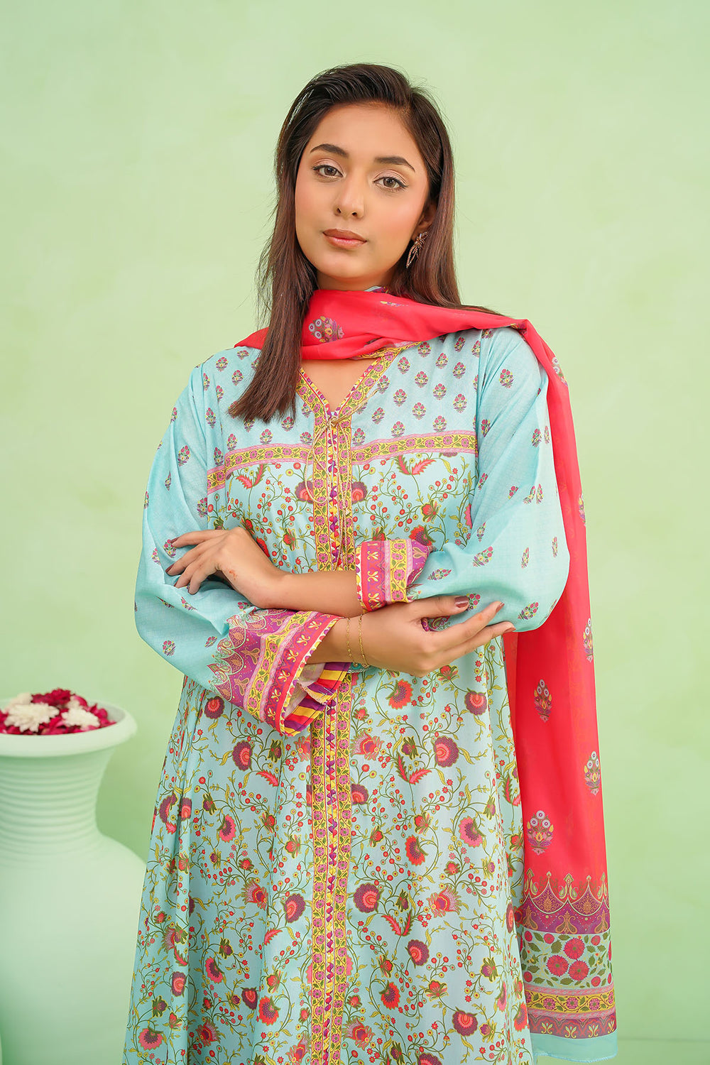 Poly Lawn Digital Printed Blue Stitched Suit - Ochre