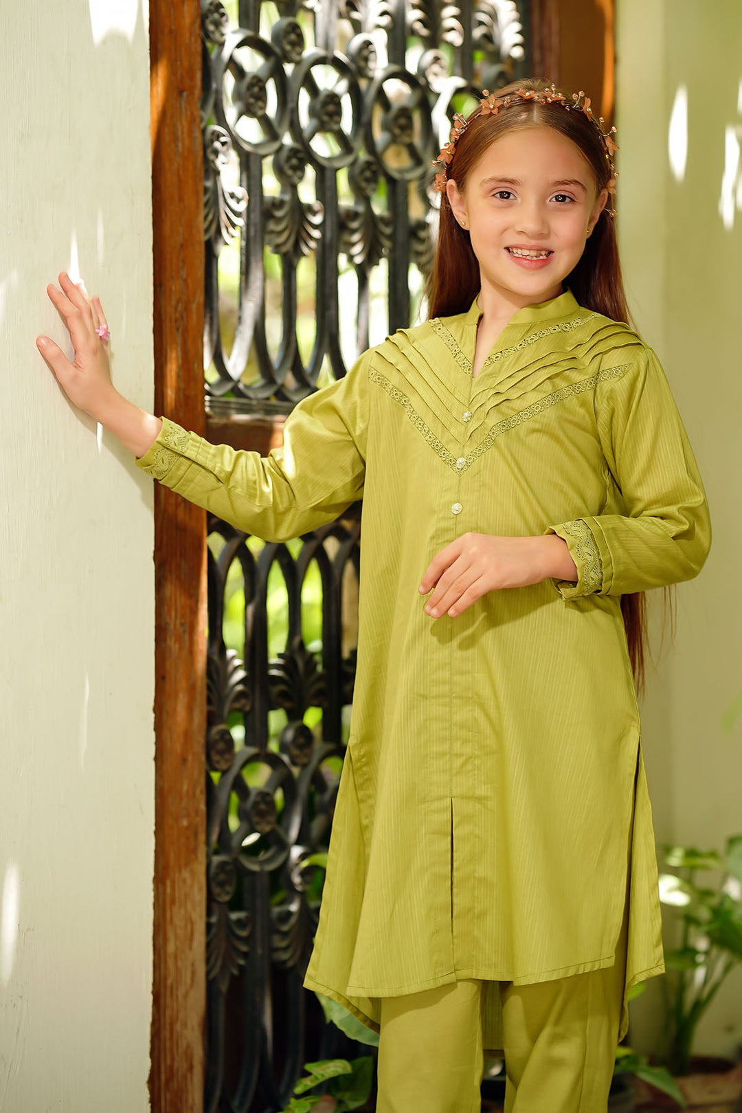 Dobby Cotton Embellished Lime Green Stitched Suit - Ochre