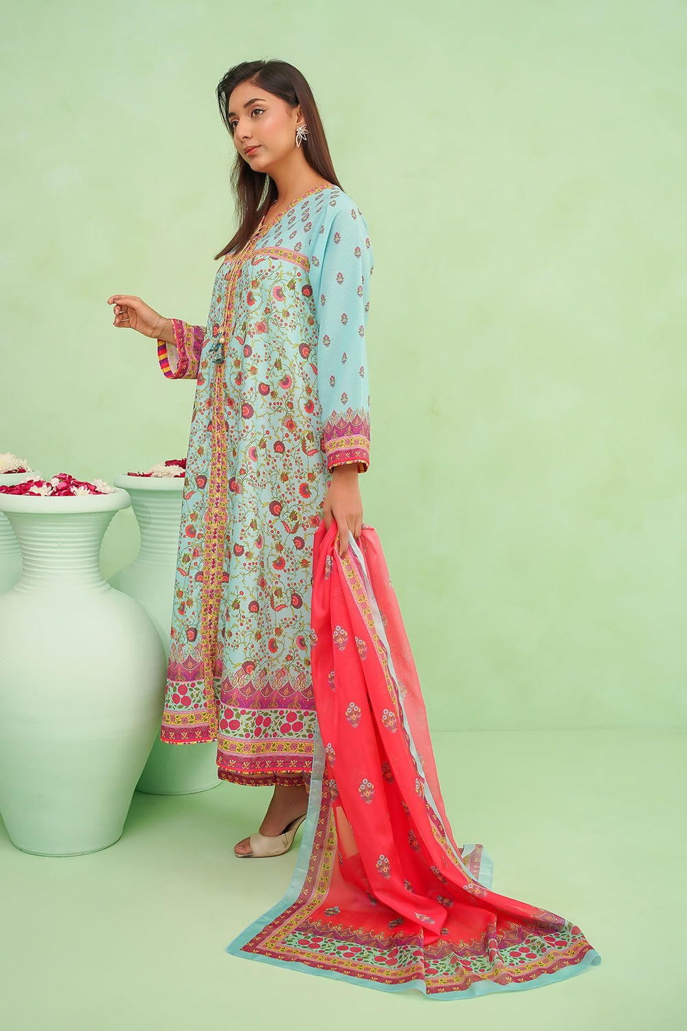 Poly Lawn Digital Printed Blue Stitched Suit - Ochre
