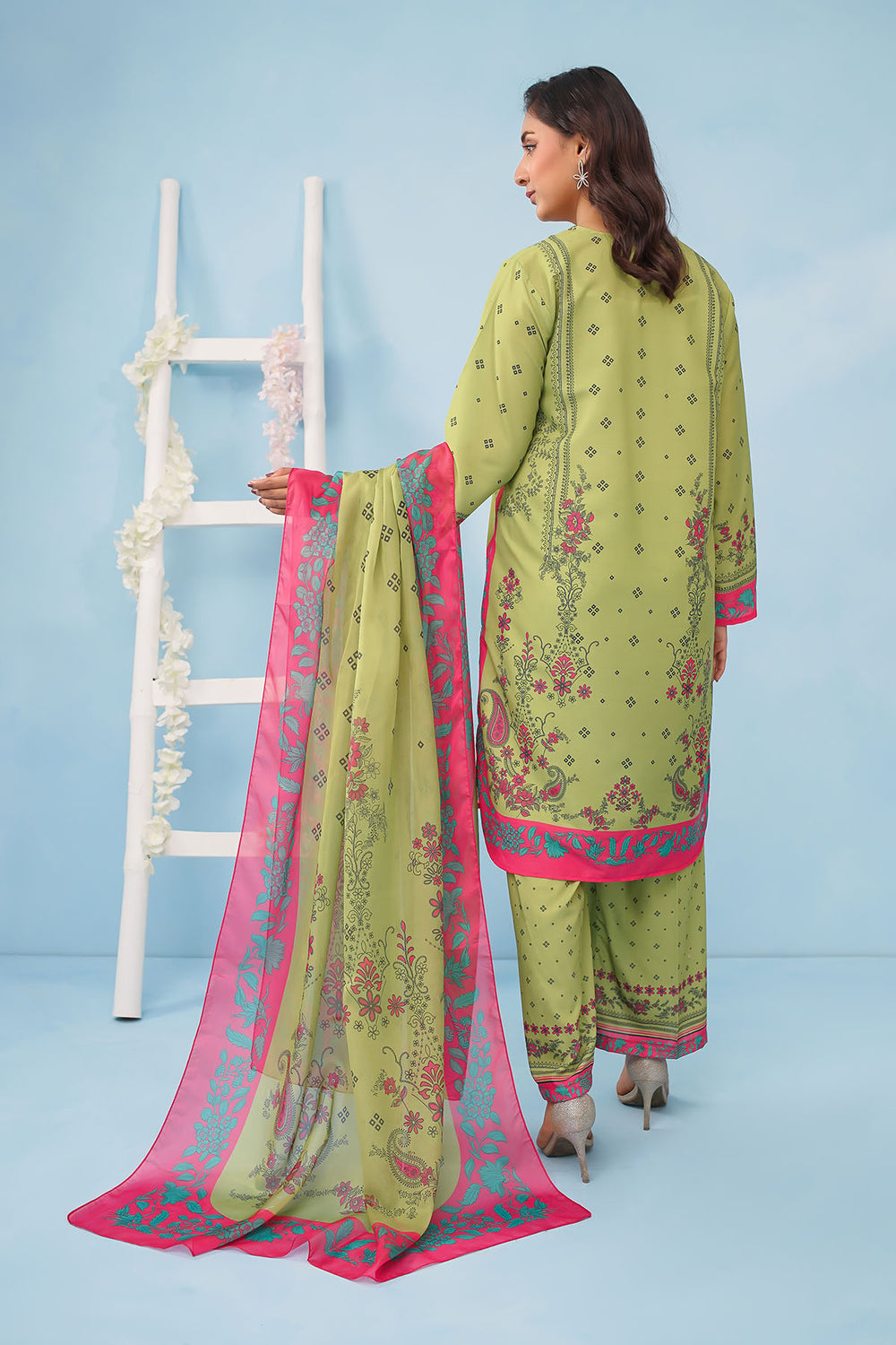 Poly Lawn Digital Printed Lime Green Stitched Suit - Ochre